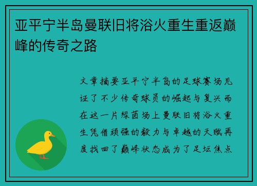 亚平宁半岛曼联旧将浴火重生重返巅峰的传奇之路