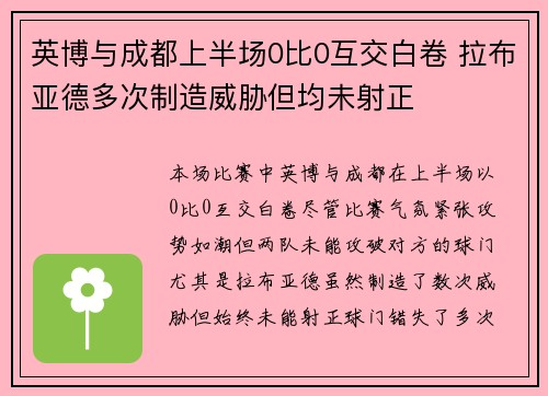 英博与成都上半场0比0互交白卷 拉布亚德多次制造威胁但均未射正 英博与成都上半场0比0互交白卷 拉布亚德多次制造威胁但均未射正