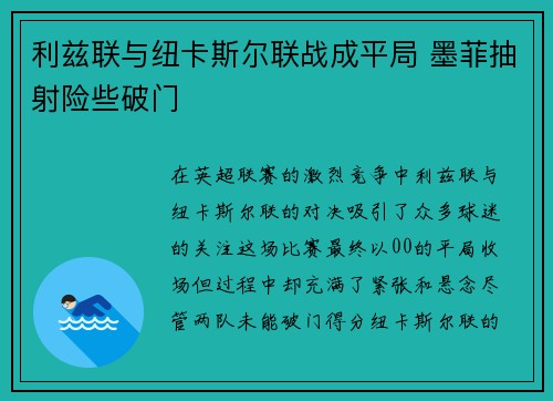 利兹联与纽卡斯尔联战成平局 墨菲抽射险些破门