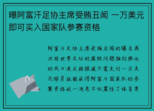 曝阿富汗足协主席受贿丑闻 一万美元即可买入国家队参赛资格